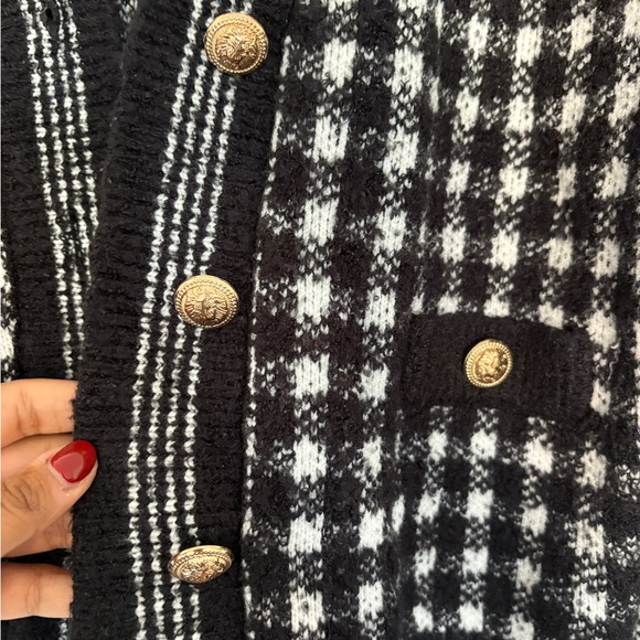 Mango Black and White Checkered Cardigan with Gold Buttons - Picture 3 of 4